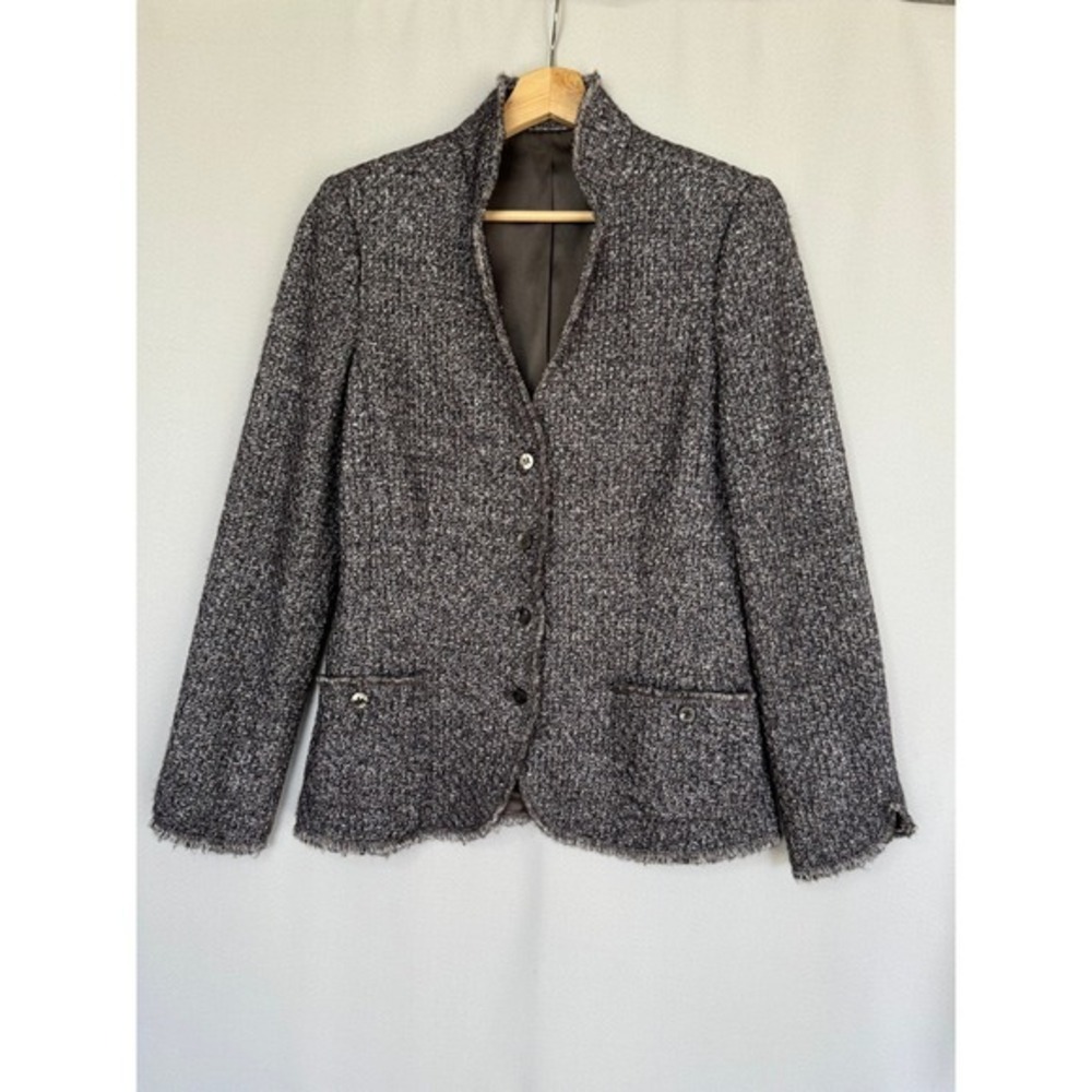 LEGGIADRO Gray Dusty Purple Ivory Silk Cashmere Knit Bouclé Tweed Blazer Size 8